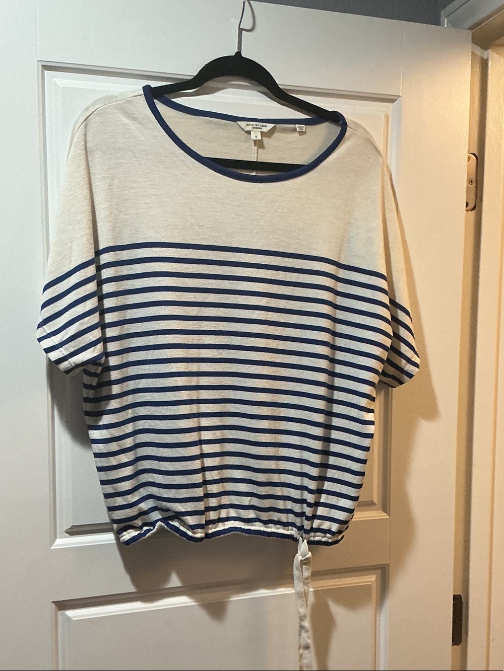 Max Studio Cream and Blue Striped Short Sleeve Knit Top